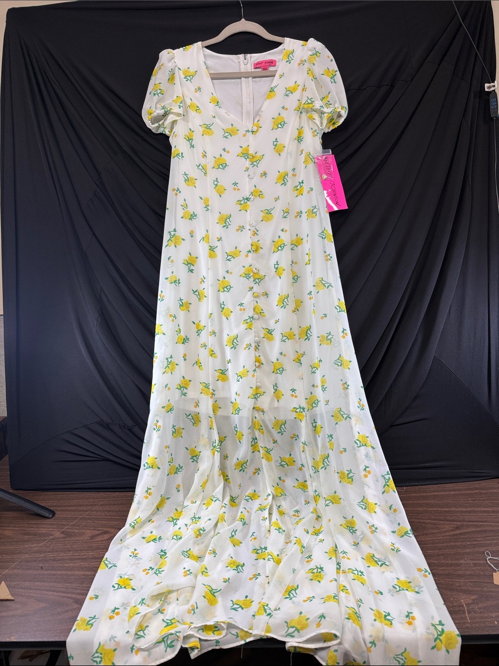 Betsey Johnson White Maxi Dress with Yellow Floral Print